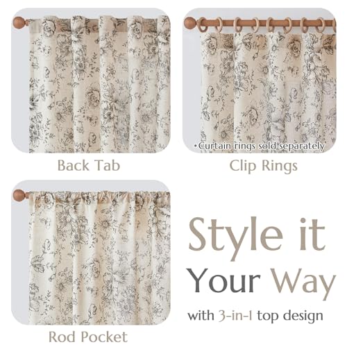 jinchan Black Floral Linen-Lined Curtains 50W x 108L, Pack of 2, Farmhouse Style