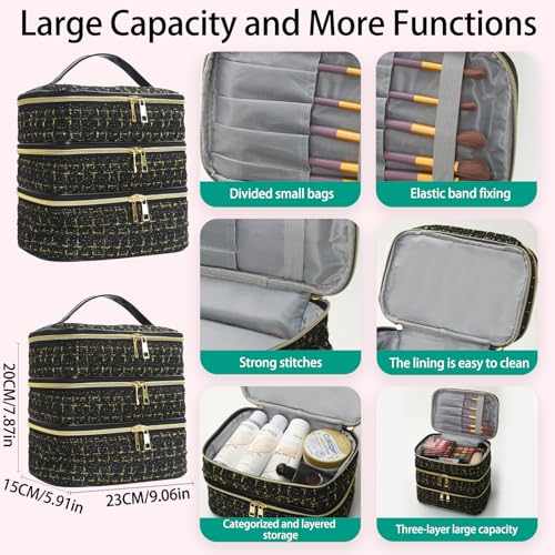 Travel Makeup Bag for Women Three Layer Large Cosmetic Case Water-resistant Toiletry Bag Organizer for Store Toiletries Cosmetic Accessories and Manicure Sets Gold Black
