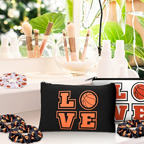 Basketball Theme Makeup Bags & Satin Hair Scrunchies Set - Girl's Gift (Black, White, Multicolor)