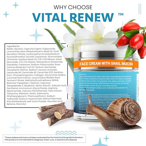 Vital Renew Snail Mucin Collagen Face Cream Daily Moisturizer Retinol Anti Aging Face Cream Niacinamide Peptides Hyaluronic Acid Vitamin C MSM Tripeptides Ceramides Licorice Arginine Aloe Vera