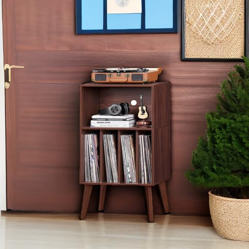Walnut Record Player Stand by Lerliuo - Holds 160 Albums & Audio Equipment