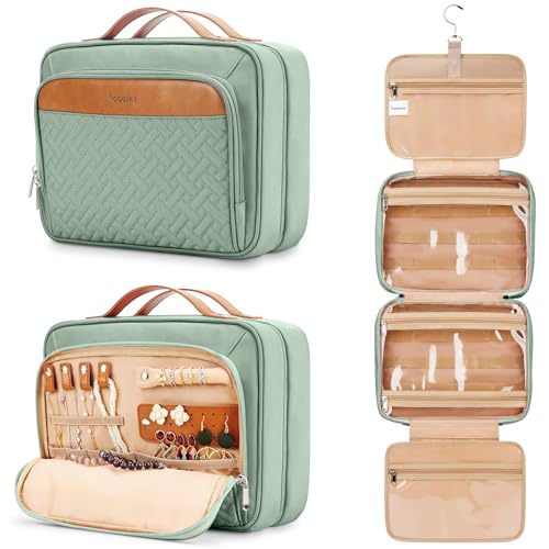 Travel Hanging Toiletry Bag for Women - Green, Large with Jewelry Organizer