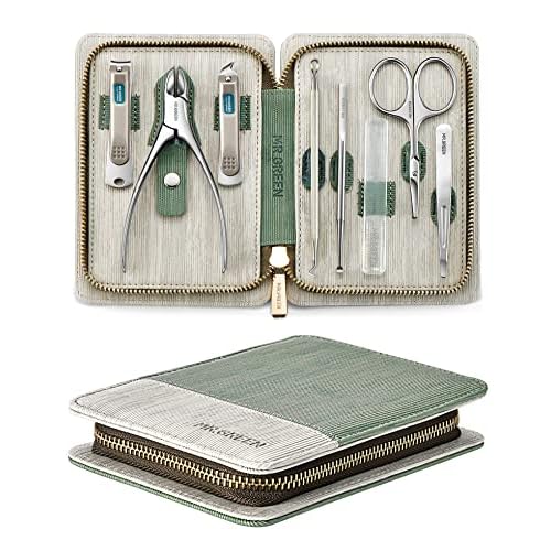 Manicure Set 8 in 1,Professional Pedicure kit,Stainless Steel Manicure Kit,Portable Travel Grooming Kit Nail Care Tools,Nail Clippers Pedicure Tools with Leather Travel Case (Green)