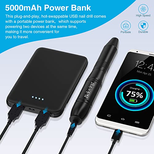 Portable Nail Drill with Power Bank Kit, Electric File for Acrylic Dip Gel and Natural Nails, Manicure Pedicure Drill Efile Tools with Drill Bits and Sanding Bands, Speed Control Power Cord, Black