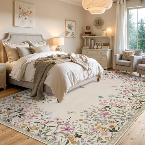 6x9 Beige Washable Boho Floral Area Rug - Non Slip Low Pile Nursery Carpet