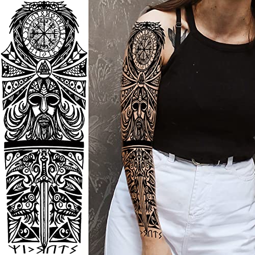 Tribal Totem Temporary Tattoo Sleeve for Men Women, 4-Sheet Full Arm Large Hawaiian Tribal Viking Fake Sleeve Tattoo Adult and 4-Sheet Black Polynesian Turtle Half Temp Tatoo Sticker Thigh Leg Body