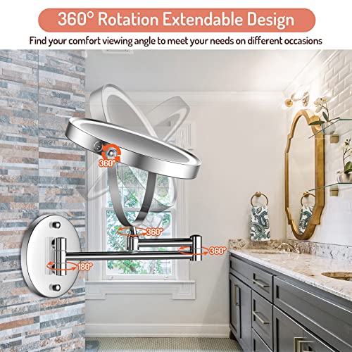 Rocollos Rechargeable Wall Mounted Lighted Makeup Mirror Chrome, 8 Inch Double-Sided LED Vanity Mirror 1X/10X Magnification,3 Color Lights Touch Screen Dimmable 360¡ÆSwivel 13 Inch Extendable