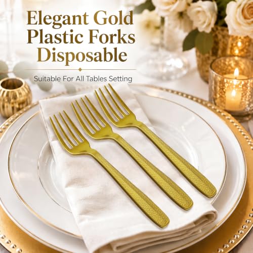 Heavy Duty Gold Plastic Forks 1200 Count - Disposable Flatware for Events