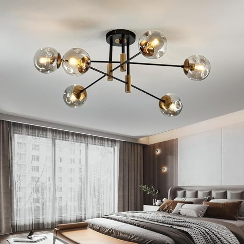 Modern Black and Gold Glass Globe Sputnik Ceiling Light Fixture - Semi-Flush Mount for Living Room, Kitchen, Bedroom