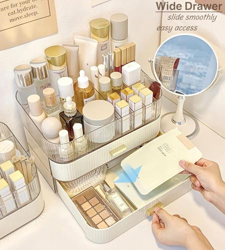 Decorcode Makeup Organizer with 1 Tray & Wide Drawer - Cream White Stackable Vanity Storage