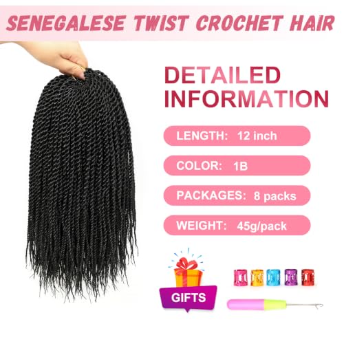 EERYA 12 Inch Senegalese Twist Crochet Hair Pack of 8 - 18 Inch Black 1B