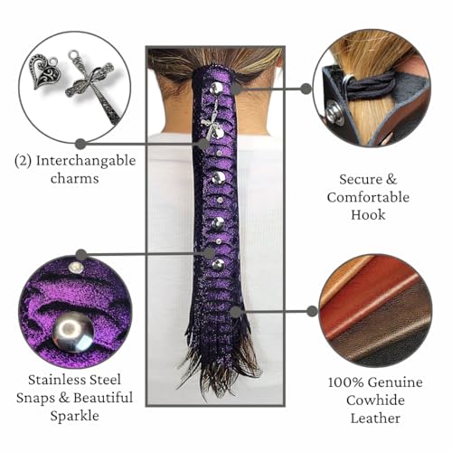 Purple 8-Inch Glitter Leather Hair Wrap for Ponytail & Helmet - Handmade in USA