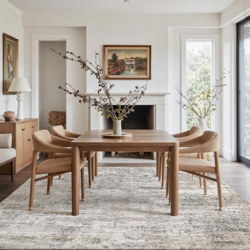 Grey Beige Washable Area Rug 8x10 for Living Room Vintage Print - Pet-Friendly