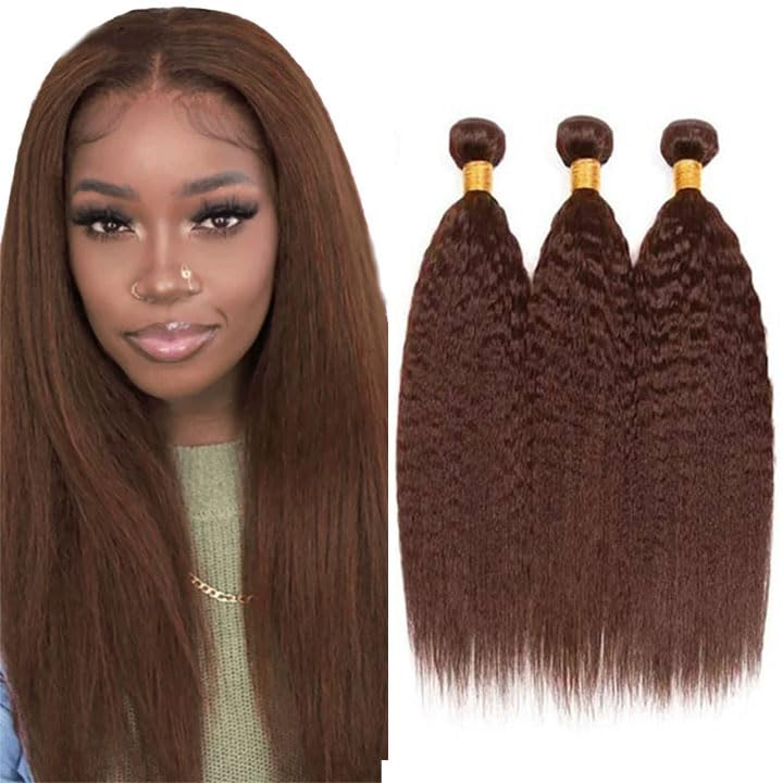 Brazilian Human Hair Extensions - 20 22 24 Inch #4 Brown Yaki Straight Bundles - Virgin Remy Hair