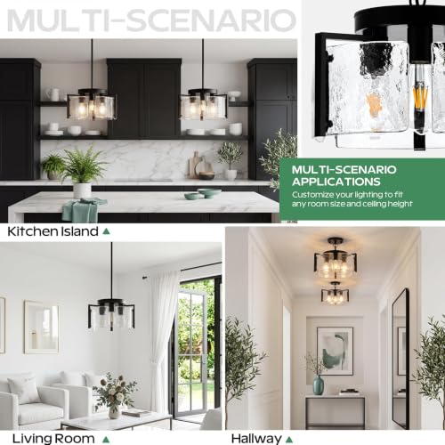 Black 14-Inch 2-in-1 Convertible Pendant & Flush Mount Chandelier - Modern Farmhouse Lighting Fixture for Dining Room, Kitchen, Entryway