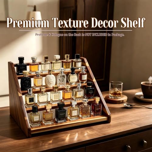 Arflo Acacia Wood 4-Tier Slanted Cologne Display Stand for Men, Fragrance Rack