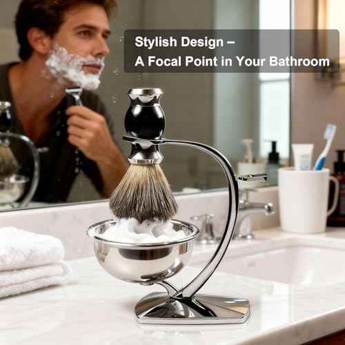 Shaving Bowl Set with Stand and Synthetic Brush - Chrome Alloy & Magnetic Base