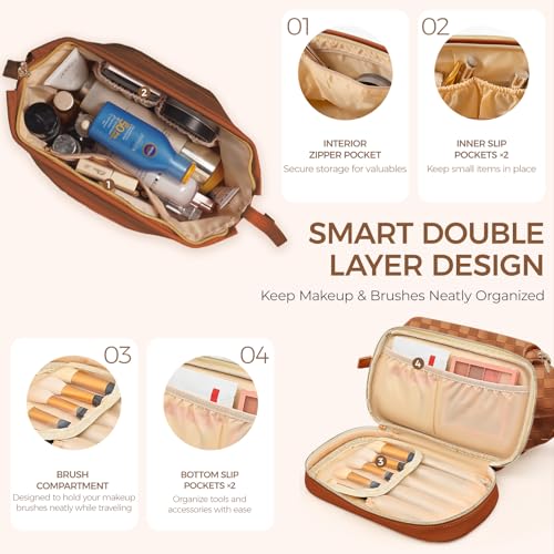 Large Waterproof Makeup Bag for Women with Double Layer & Brush Compartment - Brown