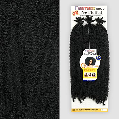 SHAKE N GO Freetress Synthetic Crochet Braid 3X PRE-FLUFFED - POPPIN TWIST 20 inch (1B Off Black), 1-PACK