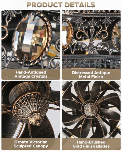 Vintage Victorian Ceiling Fan with Light - Enclosed Bladeless Chandelier Fan for Bedroom & Living Room