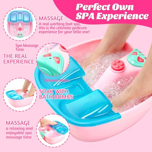 Kids Spa Day Kit for Girls, Foot Spa with Nail Dryer & Bath Bombs,Kids Foot Spa with Music Foot Soak Tub & Nail Polish Set, Girls Toys Gifts for 6-12, Christmas Birthday Gifts