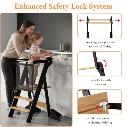 Foldable Toddler Standing Tower Kitchen Step Stool Charcoal & Natural