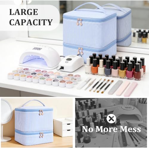 Cohawk Blue Stripes Nail Polish Organizer Bag Holds 30 Bottles, 2 Layers Travel Case