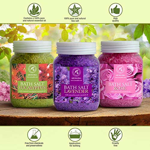 Eucalyptus, Lavender & Rose Bath Salts Set 42 oz with 3 Variations - Relaxation & Stress Relief