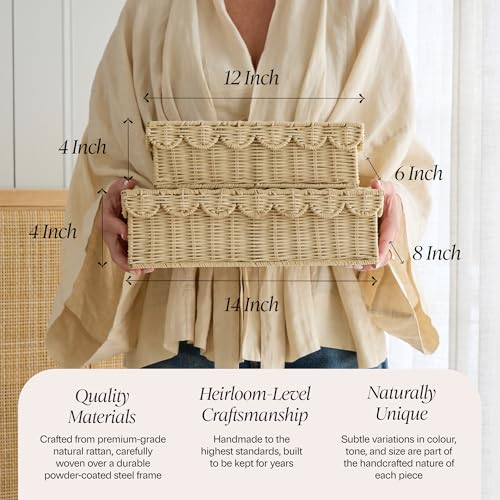Decorative Storage Boxes with Lid - Natural Rattan, Set of 2, 14x8x4 in
