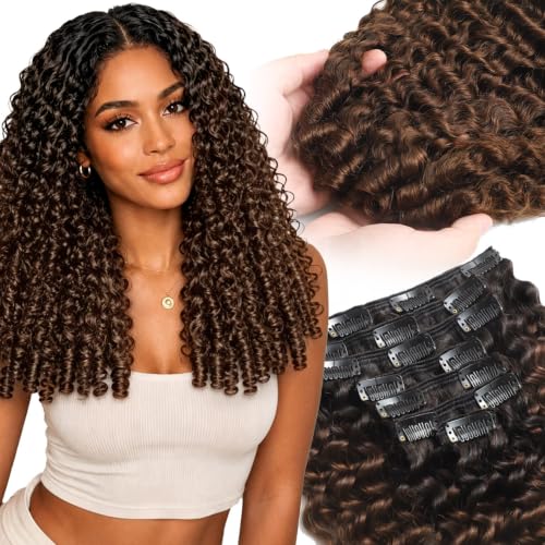 Caliee Burmese Curly Human Hair Clip Ins - Natural Black to Chocolate Brown 20 Inch 120g Variation T1B/4