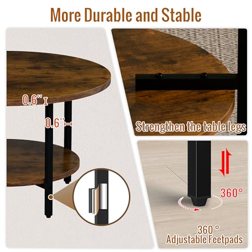 Round Coffee Table 27.6 Inches - Rustic Brown, 2-Tier Storage, Adjustable Feet