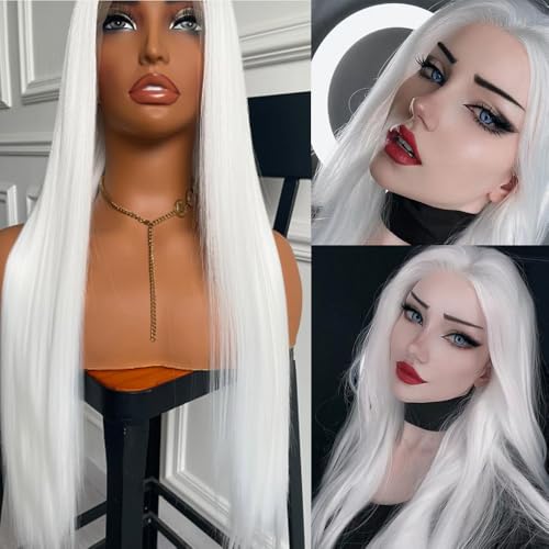 White Lace Front Synthetic Wig for Black Women - Pre Plucked Natural Hairline - Glueless Heat-Resistant Fiber - Variation: White