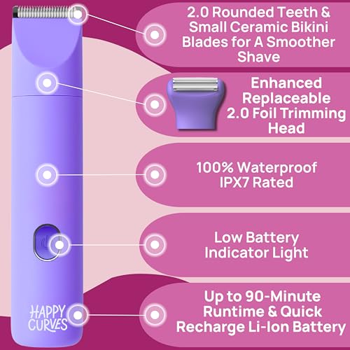 HAPPY CURVES Smoothie 2.0 Bikini Trimmer - Electric Razor for Women, Waterproof Hair Groomer with Adjustable Guards, Personal Shaver for Pubic Hair, Ladies Intimate Shaver and Body Trimmer (Guava)
