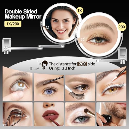 MOMOKUBA Silver Wall Mounted Makeup Mirror with Lights, 20X/1X Double-Sided, Height Adjustable