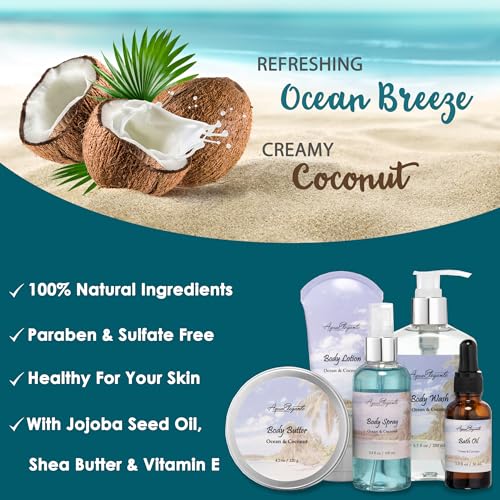 Spa Gift Basket for Women - Ocean Breeze & Coconut Scented Bath Set with Towel & Accessories - Variation Ocean Breeze + Coconut