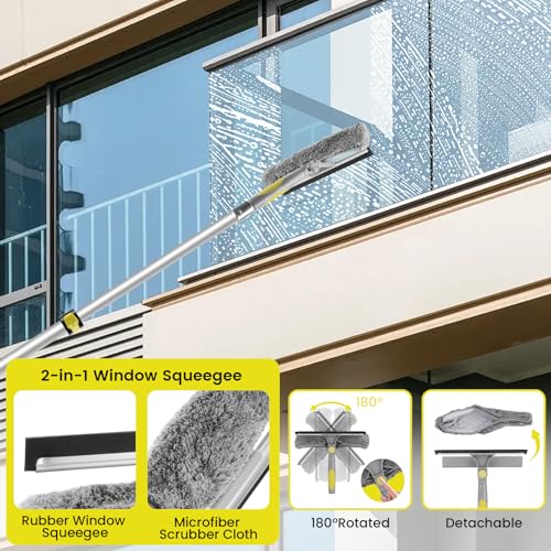20FT Telescopic Window Squeegee with Extension Pole, 2-in-1 Washable Microfiber & Rotating Head