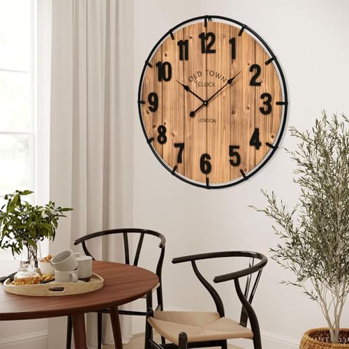 Large Rustic Farmhouse Wall Clock - 30 Inch Antique Wood & Metal Brown Variation