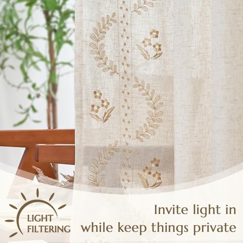 Farmhouse Linen Curtains with Floral Embroidery - 2 Panels, 63 Inch Length