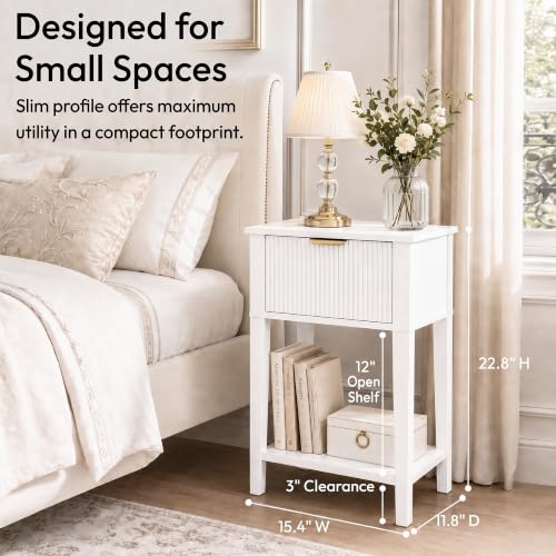 White Fluted Front Nightstand - Small 15" Wide Bedroom Side Table with Drawer & Shelf - Modern Compact Storage - Variation of THIS listing: White / Fluted / 1