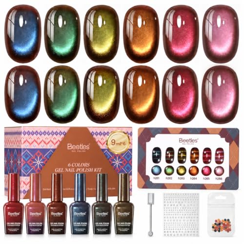 Beetles Mocha Sweater Cat Eye Gel Nail Polish Set - 6 Colors 9ml Fall Collection, Brown Nude Gold Variation