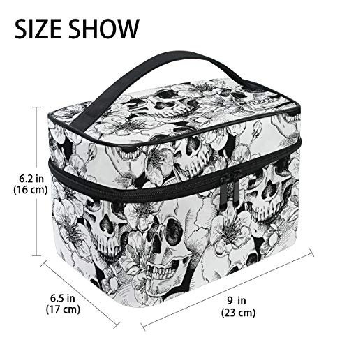 Makeup Train Case Sugar Skull Mexican Floral Korean Carrying Portable Zip Travel Cosmetic Brush Bag Organizer Large White Elephant Gift for Girls Women