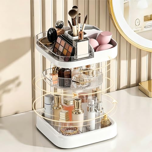 White Rotating Makeup Organizer with 5 Adjustable Tiers & Jewelry Hooks
