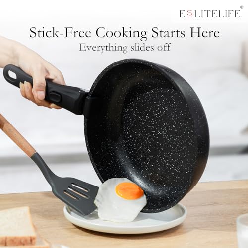 ESLITE LIFE 7-Piece Nonstick Skillet Set with Detachable Handles - Black, 8/9.5/11 Inch
