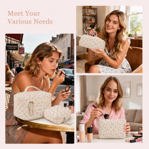 PinkMuDan Quilted Cosmetic Bag Set for Women 2-Pack Travel Makeup Organizer