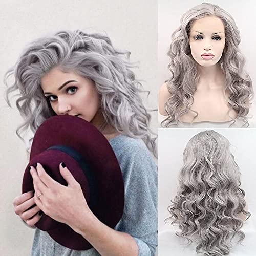 Gray 13x4 Lace Front Synthetic Wig Long Curly Silver Hair for Women & Drag Queens - Halloween Cosplay