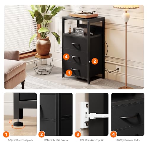 Lazzanto Night Stand with Charging Station - Black, 3 Fabric Drawers