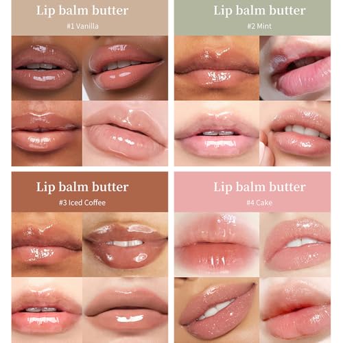 4 Colors Butter Lip Balm Lip Tint Hydrating Lip Gloss, High Shine Nude Color Hydrating Finish Lip Glow Oil (4 Flavors)