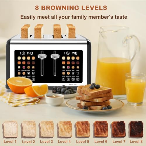 Black 4-Slice Touch Screen Toaster with Dual Control, 8 Shade Settings, 6 Bread Types