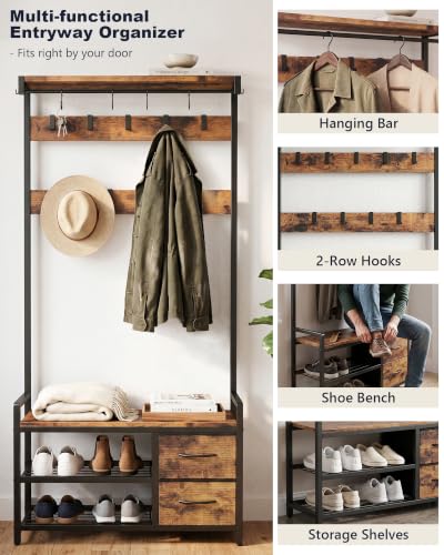 Hall Tree with Bench and Shoe Storage - 34.6" Entryway Coat Rack with Variation 34.6"x11.8"x70.8"
