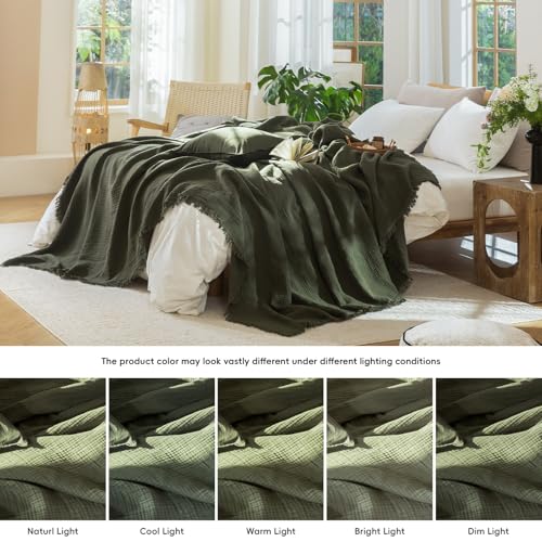 Olive Green MooMee 100% Cotton Gauze Bed Throw Blanket, 4-Layer Fringed Summer Cover